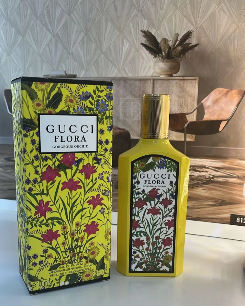 Gucci Flora Gorgeous Orchid Inspired Perfume for Women Eau de Parfum 100 ml in a premium yellow bottle with floral designer-inspired packaging.